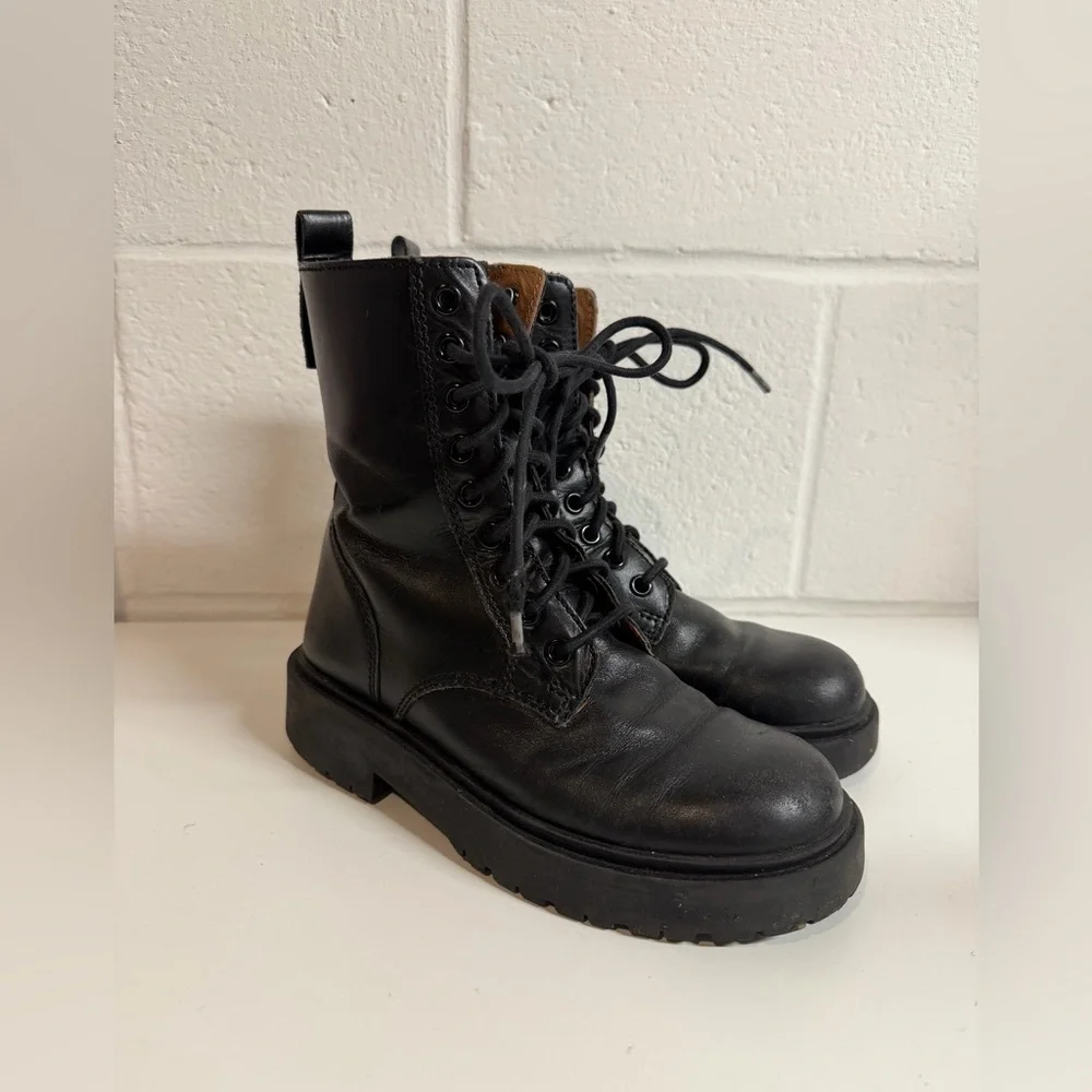 Zara Kids Black Leather Combat Boots size 4 US / 34 EU